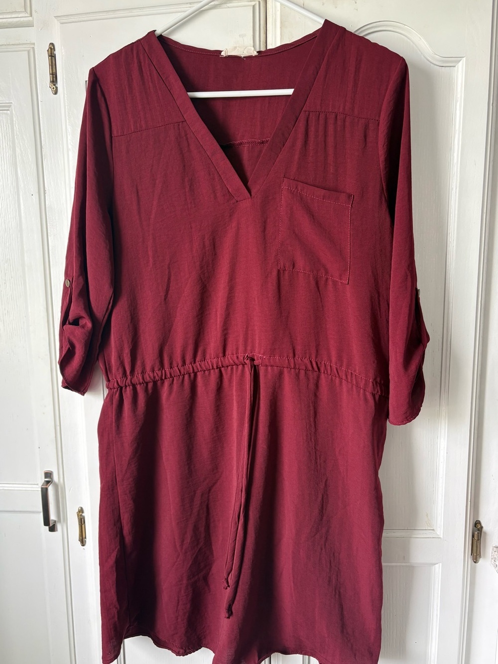 V-Neck Tunic Dress in Burgundy with Drawstring Waist